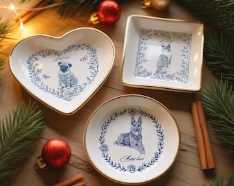 Custom Dog Cat Jewelry Dish, Toile De Jouy Pet Ring Dish , Personalized Pet Portrait Ceramic Christmas , Pet Mom Photo Gift, Pet Lover Gift