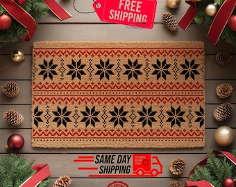 Christmas Snowflake Doormat, Nordic Holiday Welcome Mat, Winter Front Door Coir Rug, Scandinavian Christmas Decor, Outdoor Doormat