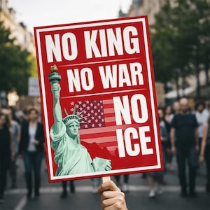 May include: A red sign with white text reading "NO KING NO WAR NO ICE" is held up in a crowd. The sign features an illustration of the Statue of Liberty and the American flag.
