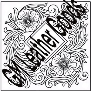 May include: Black and white floral design with the text "GM Leather Goods" and "Leather Goods" in a diamond-shaped frame. The design features two flowers and swirling leaves.