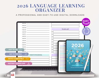2026 Language Learning Organizer: Study Organizer & Vocabulary Tracker, Digital Download