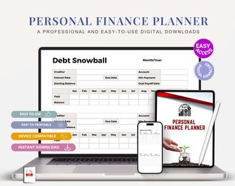 May include: A digital personal finance planner displayed on a laptop, tablet, and smartphone. The laptop screen shows a debt snowball worksheet. The tablet displays the planner's cover, and the phone shows a debt tracker. The image includes the text "Personal Finance Planner".