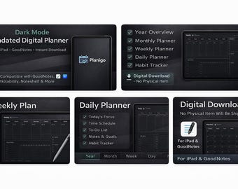 Mörkt läge odaterad digital planerare för iPad | GoodNotes-planerare | Minimal produktivitetsplanerare