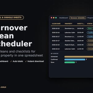 May include: A digital spreadsheet interface titled Turnover Clean Scheduler for Excel and Google Sheets. It displays a dark-themed dashboard with a turnover schedule table, status tracking, and the text Ledger & Gold at the bottom left.
