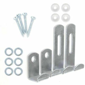 May include: A hardware kit comprising four silver screws, six silver washers, and four white plastic grommets. The kit also includes four silver metal brackets with a hook design, suitable for mounting or hanging items.