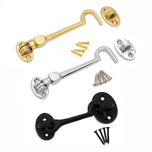 May include: Three cabin hook latches in gold, silver, and black finishes. Each set includes a metal hook, a mounting plate with a loop, and small matching screws for installation. The hooks feature a hinged base for flexible movement.