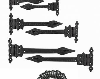 PAIR Leaf Cast Iron Hinges – Black Antique 6" / 9" / 12" Ornate Spear T-Hinges