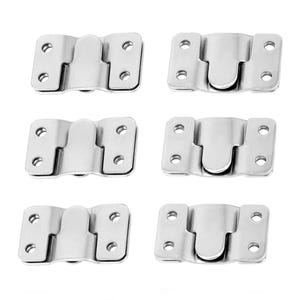 May include: Six silver-colored picture frame hanging brackets. Each bracket has a rectangular base with four screw holes and a U-shaped hook. The brackets are arranged in two rows of three.