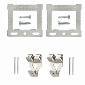 May include: Two silver-coloured metal picture frame hangers with serrated edges and two accompanying screws each, plus two silver-coloured metal wall hooks with two accompanying nails each. The hangers feature the text CWH1 LION PFS LAC 2309.