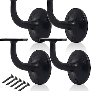 May include: Four black wrought iron handrail brackets. Each bracket has a curved arm, a circular base with screws, and a flat top. The set includes matching screws for installation. Ideal for interior design.