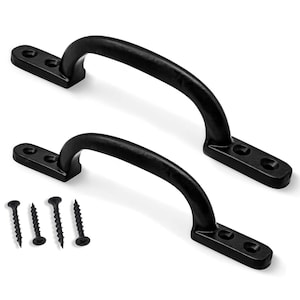 May include: Two black metal cabinet handles with a curved design, each with two mounting plates and three screw holes. Four black screws are included. The handles are likely for furniture or doors.