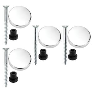 May include: A collection of six mirror mounting kits. Each kit comprises a silver screw, a black plastic spacer, and a circular, shiny, silver mirror cap. The hardware is designed for securing mirrors to walls or other surfaces. Metric measurements are not applicable.