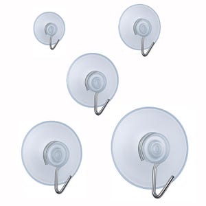 May include: An assortment of clear suction cup hooks in different sizes. Each hook features a silver-coloured metal hook attached to a clear plastic suction cup. The hooks are displayed against a white backdrop.