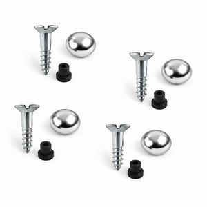 May include: Four sets of furniture hardware components. Each set includes a silver screw, a small black plastic sleeve, and a shiny, silver, spherical knob. The items are arranged on a white background.
