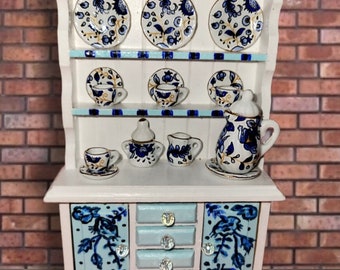 Hand-painted China cabinet dollhouse furniture miniature hutch blue china 1:12 scale