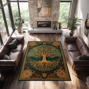 May include: A large, rectangular area rug with a detailed tree of life design. The rug features a dark green background with a golden tree and intricate border patterns. The rug is placed in a living room with leather sofas and large windows.