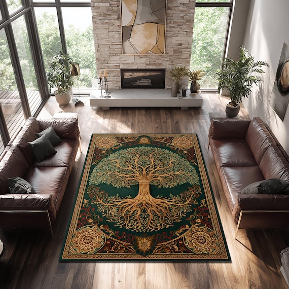 Tree of Life Boho Rug, Green Gold Celtic Carpet, Vintage Style Mystical Nature Home Decor, Spiritual Forest Floor Art Tapestry