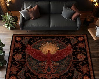 Phoenix-gotisch tapijt, tapijt rode vuurvogel, decor mythische fantasie, donkere barokke vloerkunst, vurig huisaccent, op legendes geïnspireerd tapijt