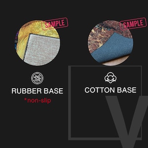 May include: Image showing two rug samples with different base materials. One sample has a rubber base and is labeled "non-slip." The other sample has a cotton base. Both samples have a colorful patterned design and are labeled "SAMPLE."