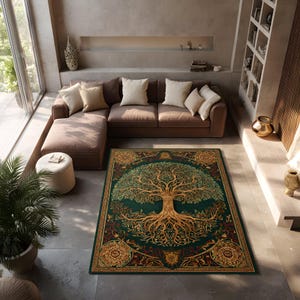 May include: A rectangular area rug with a detailed tree of life design. The rug features a dark green background with a large tree in shades of gold and green. The tree's roots and branches are intricately detailed, and the border has a decorative pattern.