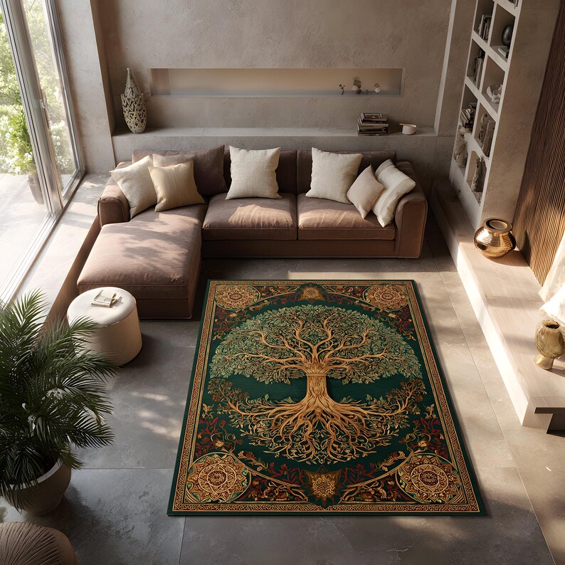 May include: A rectangular area rug with a detailed tree of life design. The rug features a dark green background with a large tree in shades of gold and green. The tree's roots and branches are intricately detailed, and the border has a decorative pattern.
