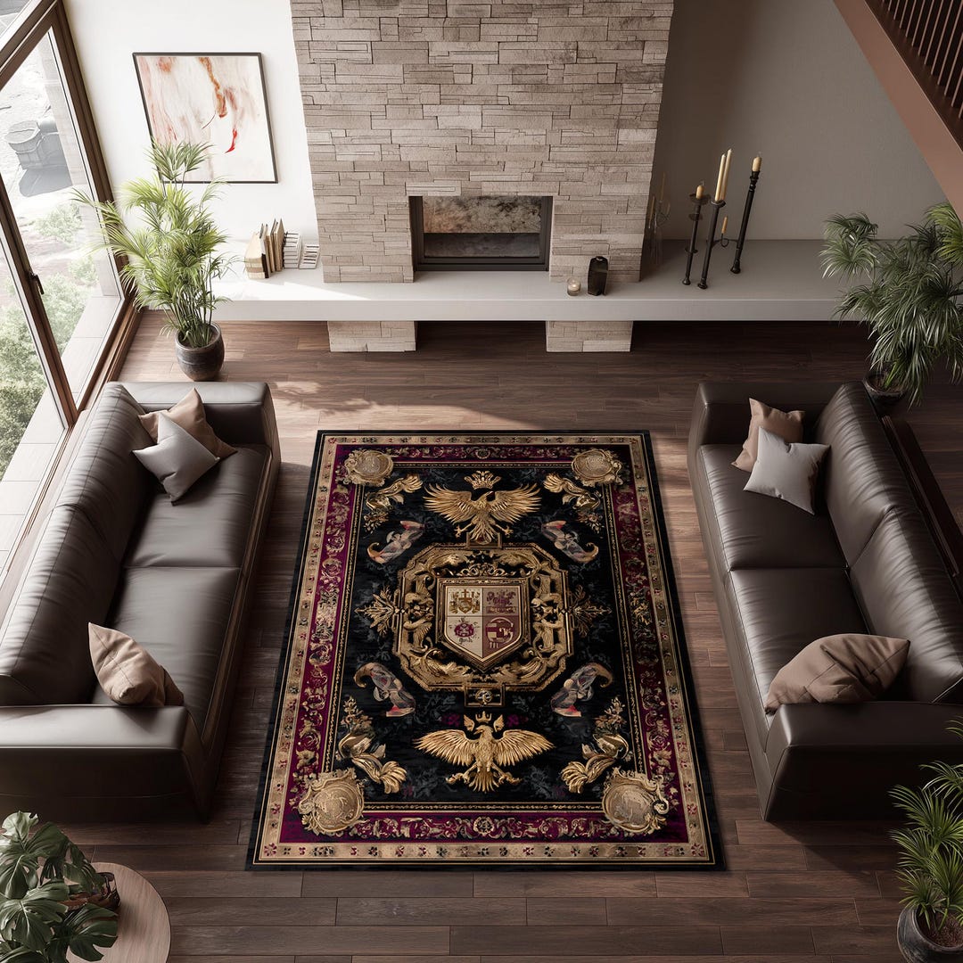 Wayfair Monarchy Rugs Royal Coat of Arms Rug, Gothic Baroque Black Gold Burgundy Floor Art - Etsy