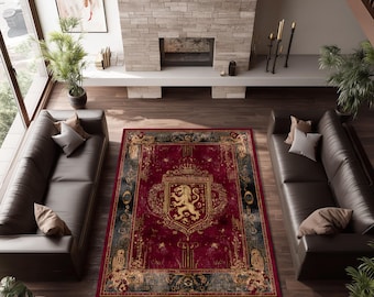 Royal Lion Crest Rug, Medieval Gothic Carpet, Red Gold Baroque Decor, Vintage Heraldic Floor Art, Noble Castle Style Rug