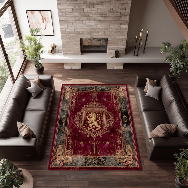 Royal Lion Crest Rug, Medieval Gothic Carpet, Red Gold Baroque Decor, Vintage Heraldic Floor Art, Noble Castle Style Rug