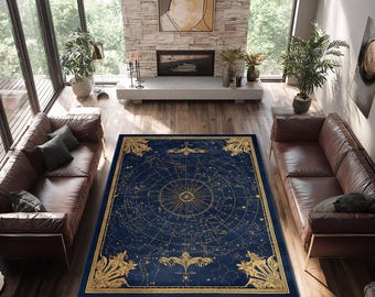 Celestial Star Map Rug, Navy Gold Astrology Carpet, Vintage Style Cosmic Constellation Decor, Mystical Zodiac Art Floor Tapestry