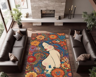 Boho Flower Goddess Rug, Colorful Art Nouveau Carpet, Vintage Style Psychedelic Woman Decor, Retro Floral Art Floor Tapestry for Home