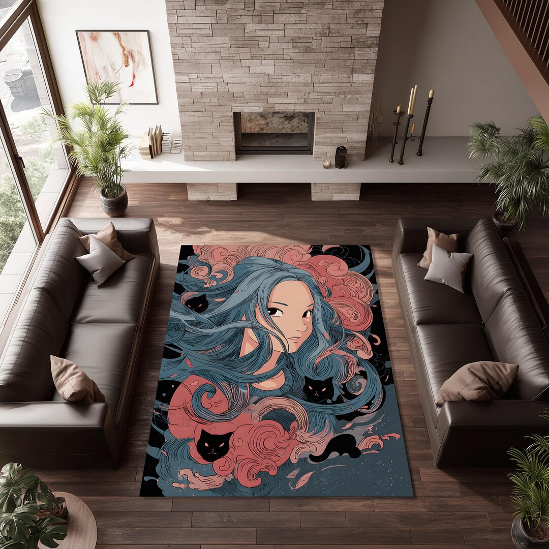 Waifu Rug Anime Girl Rug, Kawaii Pastel Carpet, Cat Decor, Japanese Art - Etsy