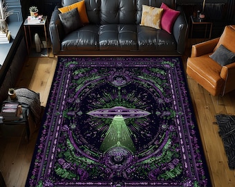 UFO Alien Gothic Rug, Purple Green Cosmic Carpet, Vintage Style Sci Fi Home Decor, Mystical Spacecraft Fantasy Floor Art Tapestry Design