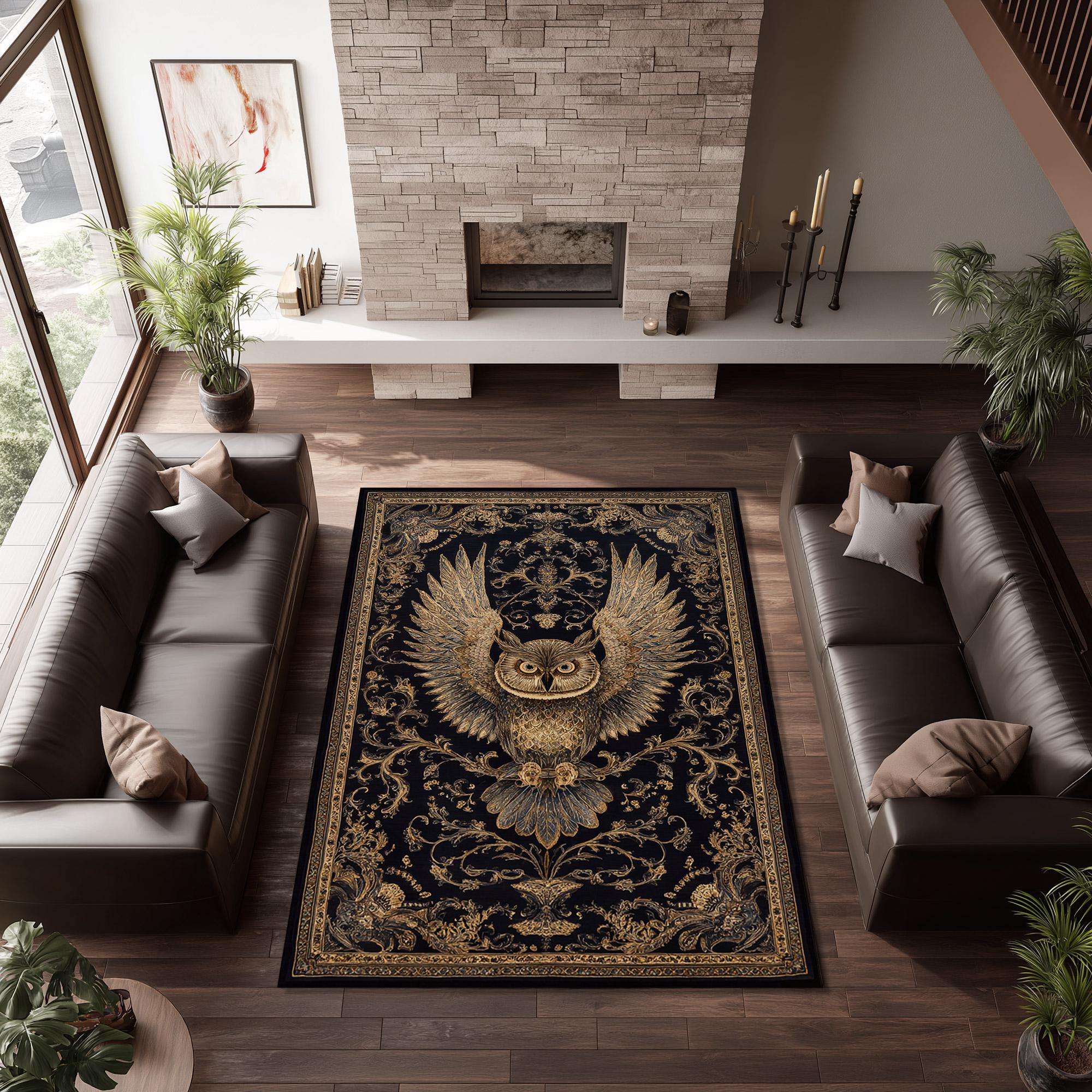 Golden Owl Rug, Gothic Baroque Bird Carpet, Mystic Wisdom Home Decor, Dark Fantasy Tapestry, Elegant