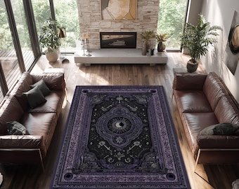Purple Gothic Eye Rug, Dark Mystical Boho Carpet, Vintage Style Occult Decor, Celestial Moon Magic Art Floor Tapestry for Witchy Home