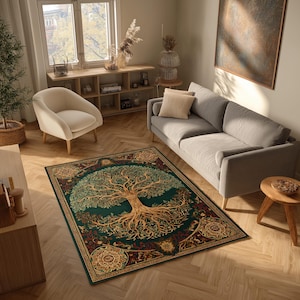 May include: A rectangular area rug with a detailed tree of life design. The rug features a dark teal background with a large tree in shades of green and brown. The border includes intricate patterns in gold and red.