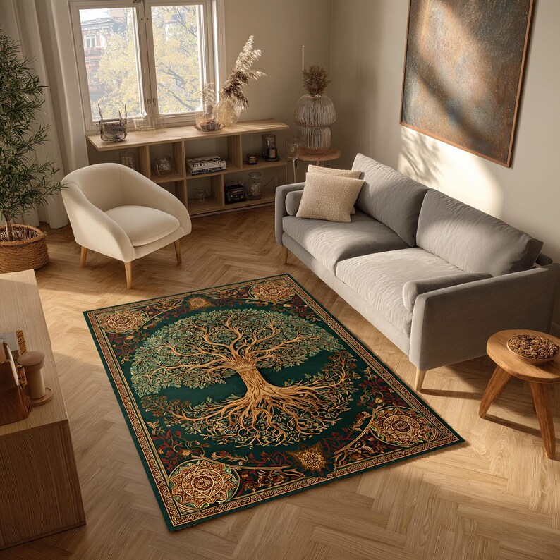 May include: A rectangular area rug with a detailed tree of life design. The rug features a dark teal background with a large tree in shades of green and brown. The border includes intricate patterns in gold and red.