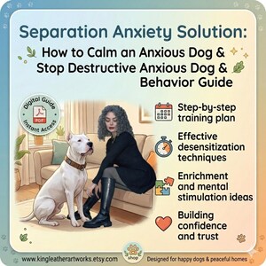 May include: Digital guide for dog owners, titled "Separation Anxiety Solution." The image features a woman and a white dog, with text highlighting key aspects like training plans and desensitization techniques. The guide aims to help calm anxious dogs.