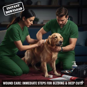 Peut inclure: Deux personnes en blouse verte soignent un golden retriever. Le chien est soigné pour une blessure. Une trousse de premiers secours et du matériel médical sont visibles. Le texte sur l'image indique "INSTANT DOWNLOAD" et "WOUND CARE: IMMEDIATE STEPS FOR BLEEDING & DEEP CUTS."