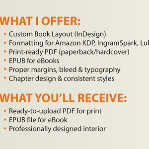 May include: Text on a beige background lists services offered, including custom book layout, formatting for print, and EPUB files for eBooks. The text is in orange and black, with bullet points for each service.