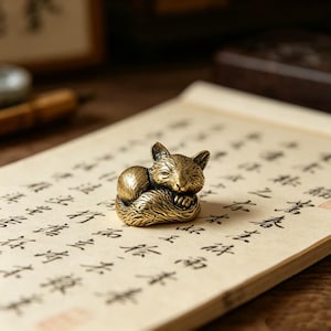 レトロな真鍮製狐の茶寵彫刻／ミニチュア卓上装飾品