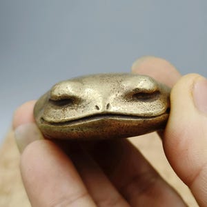 Puede incluir: Pequeña figura de rana de aspecto antiguo, de color bronce. La rana tiene los ojos cerrados y una ligera sonrisa, con una textura detallada. La figura se sostiene en una mano.