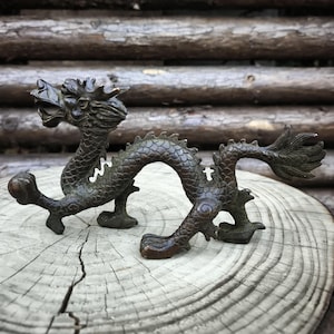 May include: A bronze-colored dragon figurine with intricate details, including scales, a spiky mane, and a curled tail. The dragon is posed on a wooden surface, showcasing its detailed craftsmanship. The figurine is approximately 6 inches long.
