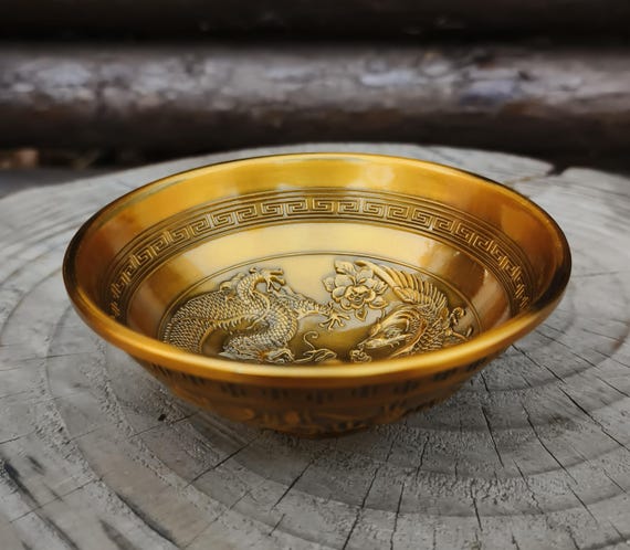 Pure Copper Vintage Dragon and Phoenix Bowl / Home Decoration