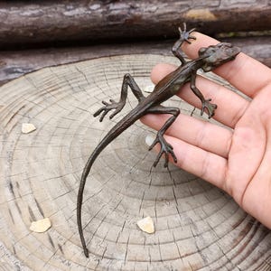 May include: A bronze-colored lizard figurine with detailed legs and a long tail. The lizard is posed as if climbing, with its front legs raised. The figurine is held in a hand, set against a wooden background.