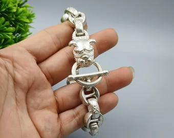 Tibetanskt silverhandgjort vintage hundhuvud för män i hiphop-stil