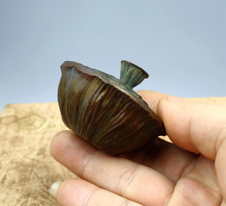 May include: A bronze-colored, decorative sculpture of a lotus seed pod. The pod has a textured surface with vertical lines and a small, detailed stem. The sculpture is held in a hand, showcasing its size and form.