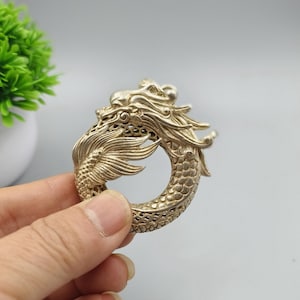 Op de afbeelding: Een zilverkleurige drakenhanger met ingewikkelde details. De draak is in een cirkelvorm ontworpen, met zijn kop en staart die samenkomen. De hanger wordt door een hand vastgehouden, waarbij de schubben en kenmerken van het mythische wezen worden getoond.