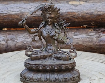 Escultura retro de cobre puro del Bodhisattva Manjushri/adorno de ofrenda de escritorio para templo doméstico