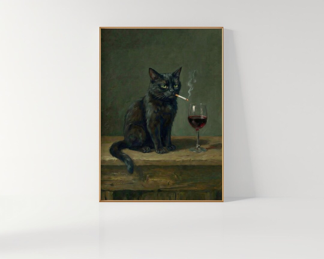 Moody Black Cat Poster – Cat Smoking With Red Wine Dark Humor Wall Art ...