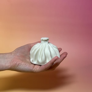 Peut inclure: Un objet blanc en forme de ravioli, avec des plis détaillés, tenu dans une main sur un fond dégradé orange et rose. Le ravioli a un petit dessus texturé et l'aspect général est lisse et propre.